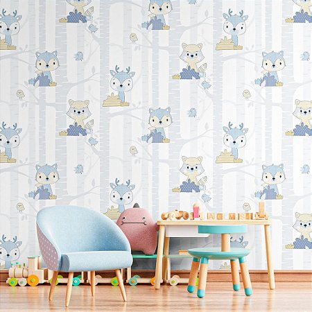 Papel De Parede Infantil Textura Safari Raposa Azul Lavável