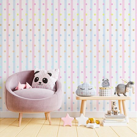 Papel De Parede Lavável Texturizado Listrado Rosa Azul Poa