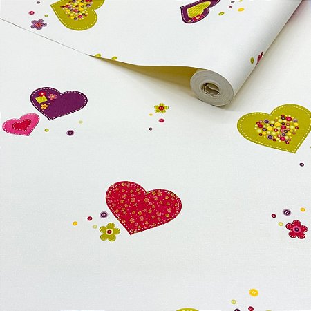 Papel De Parede Infantil Coração Vermelho Roxo Rosa Verde