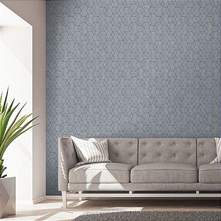 Papel De Parede Importado Geométrico Azul Fios Prata
