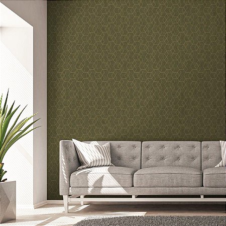 Papel De Parede Importado Tnt Geométrico Verde Militar Cubos