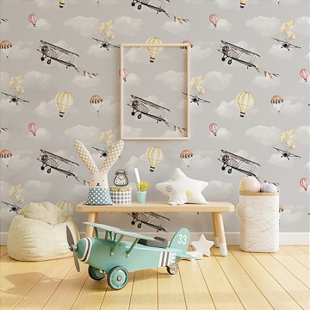 Papel De Parede Infantil Quarto Menino Cinza Aviões Balões