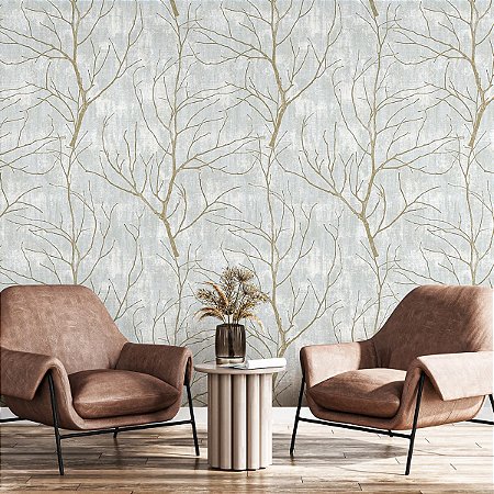Papel De Parede Galhos Dourados Vinílico Lavável Texturizado