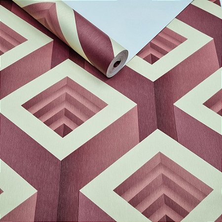 Papel De Parede Importado Geométrico Cubos Bordô E Bege