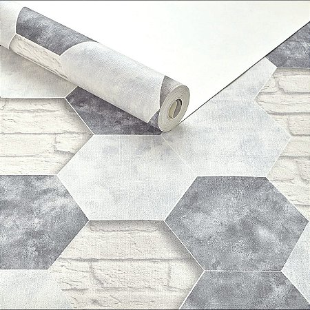 Papel De Parede Vinílico Hexágono Branco Cinza Texturizado