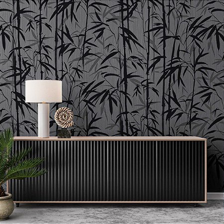 Papel De Parede Vinílico Texturizado Bambu Preto Cinza