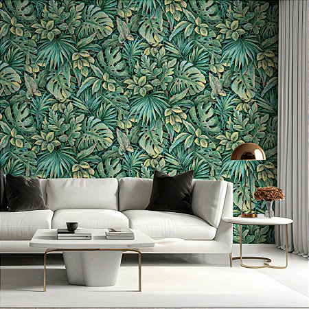 Papel De Parede Vinílico Verde Tropical Folhagem Texturizado