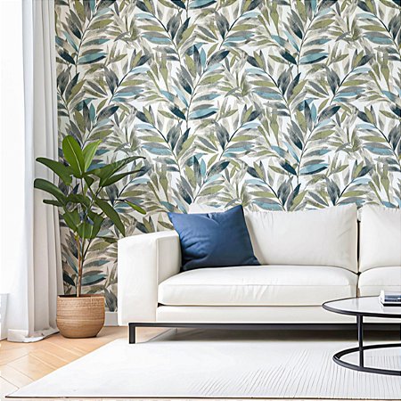 Papel De Parede Vinílico Texturizado Folhagens Verde Azul