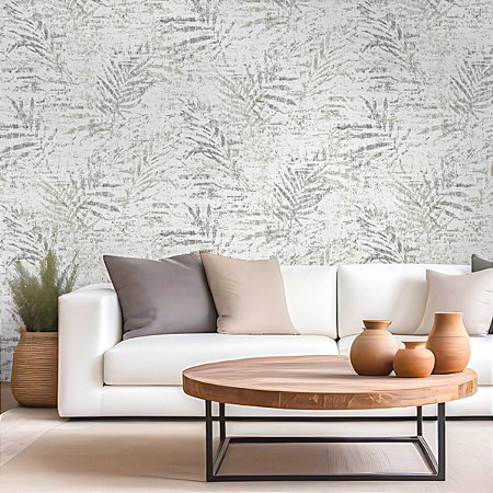 Papel De Parede Vinílico Texturizado Branco Areia Folhagens