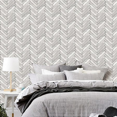 Papel Parede Vinílico Texturizado Branco Cinza Chevron 10m