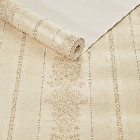 Papel De Parede Texturizado Listrado Arabesco Bege Com Brilho