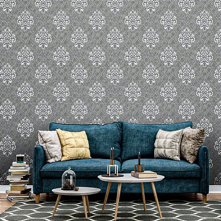 Papel De Parede Importado Texturizado Cinza Médio Arabesco