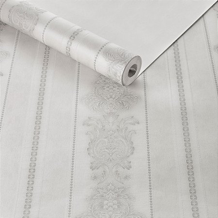 Papel De Parede Lavável Texturizado Listras Arabesco Cinza