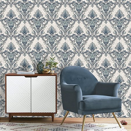 Papel De Parede Importado Textura Arabesco Azul Petróleo