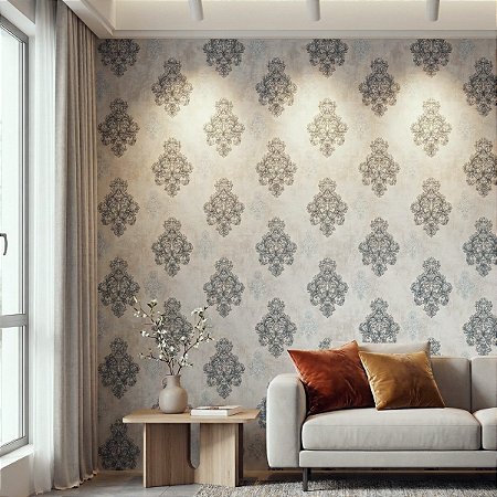 Papel De Parede Luxo Texturizado Arabesco Azul Petróleo