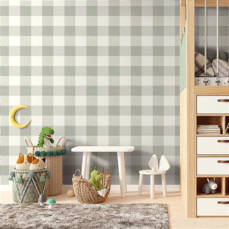 Papel De Parede Vinílico Xadrez Verde Bege Texturizado 10m