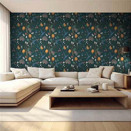 Papel De Parede Vinílico Texturizado Floral Verde Azul