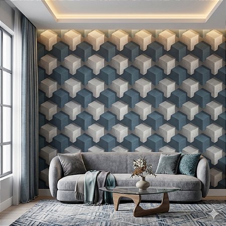 Papel De Parede Vinílico Lavável Geométrico Cubos Azul Cinza