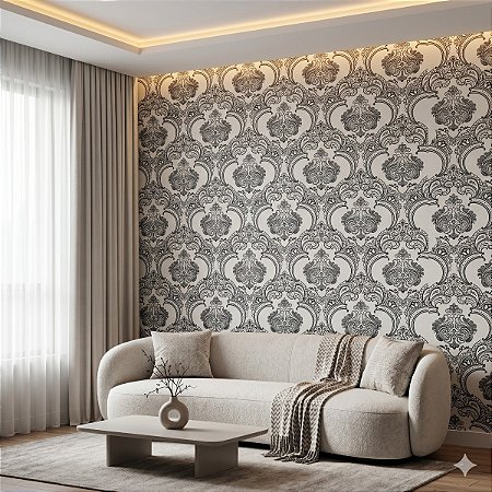Papel De Parede Importado Lavável Off White Arabescos Preto
