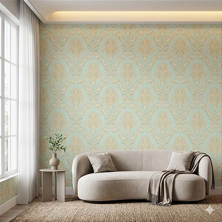 Papel De Parede Importado Lavável Azul Arabesco Bege