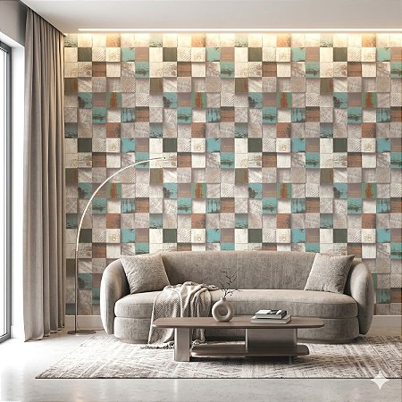 Papel De Parede Importado Textura Mosaico Madeira Cubos 3d