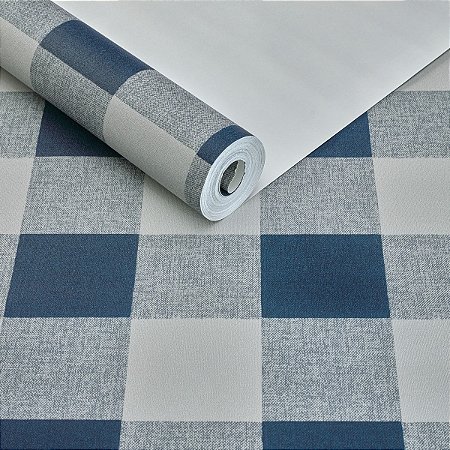 Papel De Parede Vinílico Xadrez Azul Lavável Texturizado