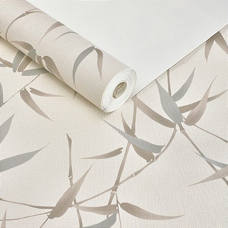 Papel De Parede Texturizado Bege Cinza Folhagens Vinílico