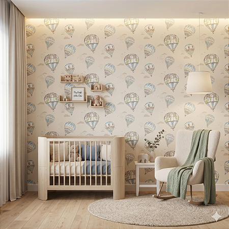 Papel De Parede Importado Infantil Bege Balões Coloridos