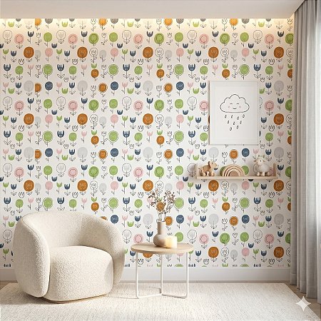 Papel De Parede Textura Floral Abstrato Verde Azul Laranja Rosa