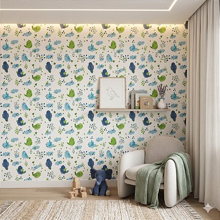 Papel De Parede Infantil Pássaro Nuvem Coração Azul Verde