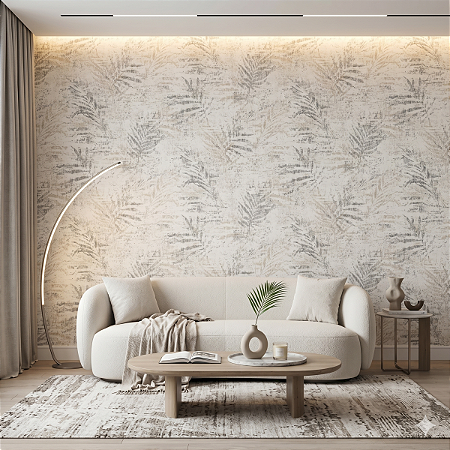 Papel De Parede Vinílico Texturizado Branco Areia Folhagens