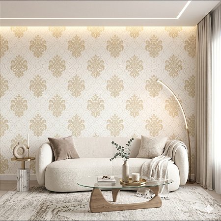 Papel De Parede Lavável Branco Off White Floral Damask Bege