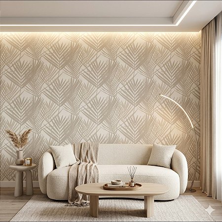 Papel De Parede Vinílico Texturizado Folhas Bege Lavável