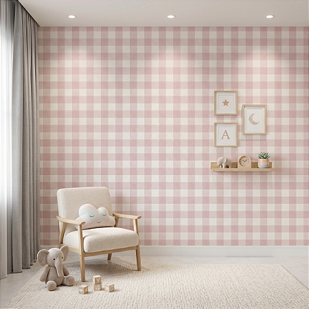 Papel De Parede Xadrez Rosa Vinílico Texturizado Lavável