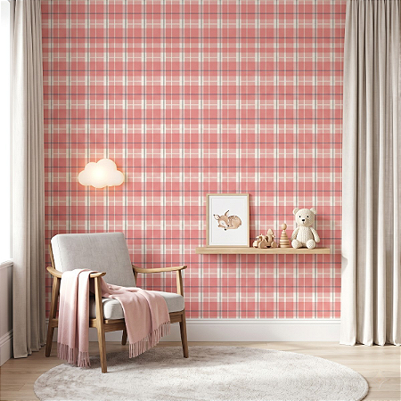 Papel De Parede Vinílico Texturizado Rosa Xadrez Lavável 10m