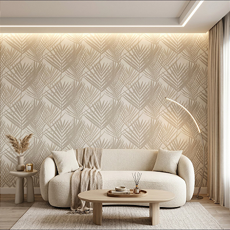 Papel De Parede Vinílico Texturizado Folhas Bege Lavável