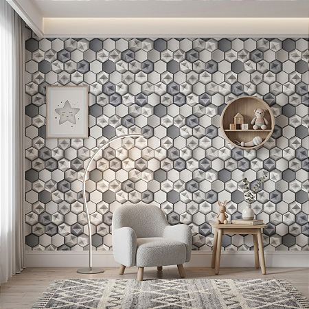 Papel De Parede Rolo Hexagonos 3d Cinza Para Escritorio