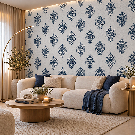 Papel De Parede Texturizado Lavável Cinza Arabesco Azul