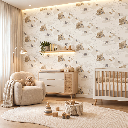 Papel De Parede Infantil Texturizado Ursinho Nuvem Lavável