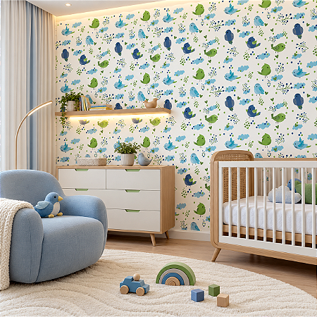 Papel De Parede Vinílico Azul Verde Corações Infantil