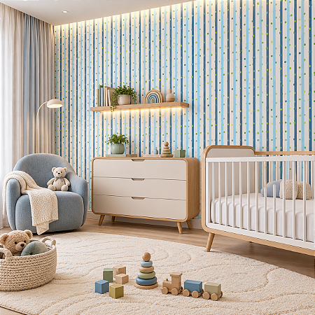 Papel De Parede Infantil Azul Verde Texturizado Listras