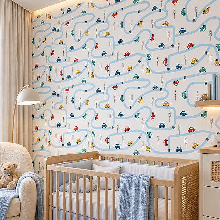 Papel De Parede Infantil Lavável Textura Carro Cidade Estrada