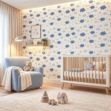 Papel De Parede Infantil Nuvem Azul Rolo Alto Padrão Lavável