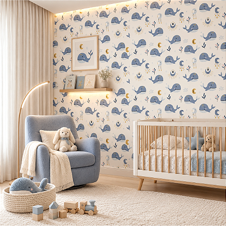 Papel De Parede Infantil Azul Baleia E Estrelas Vinílico