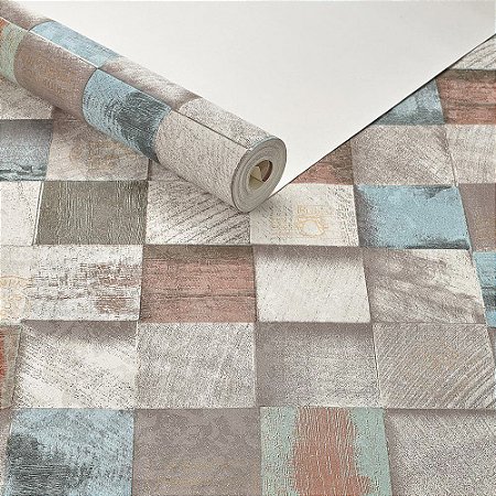 Papel De Parede Importado Textura Mosaico Madeira Cubos 3d