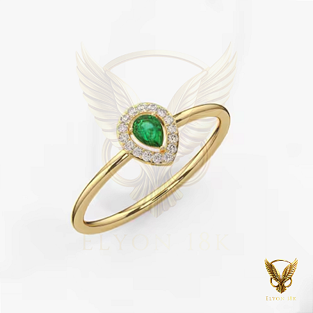 Anel em ouro 18k com esmeralda gota natural e 16 diamantes naturais