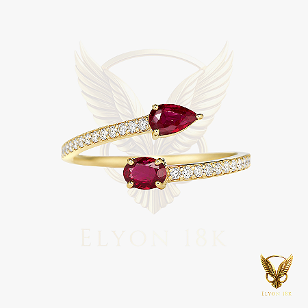 Anel em ouro 18k com 2 rubis e 20 diamantes naturais