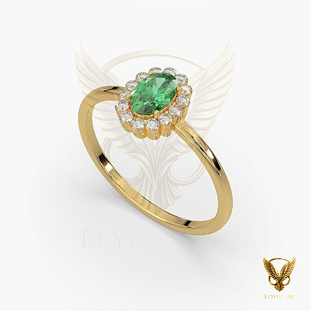 Anel em ouro 18k com esmeralda e 14 diamantes naturais