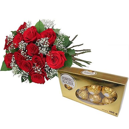 Buque com 12 Rosas Nacionais Vermelhas + Ferrero Rocher 100gr