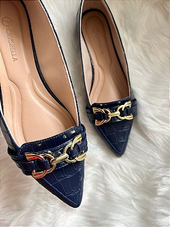 Mocassim Navy Croco Double Rings Gold